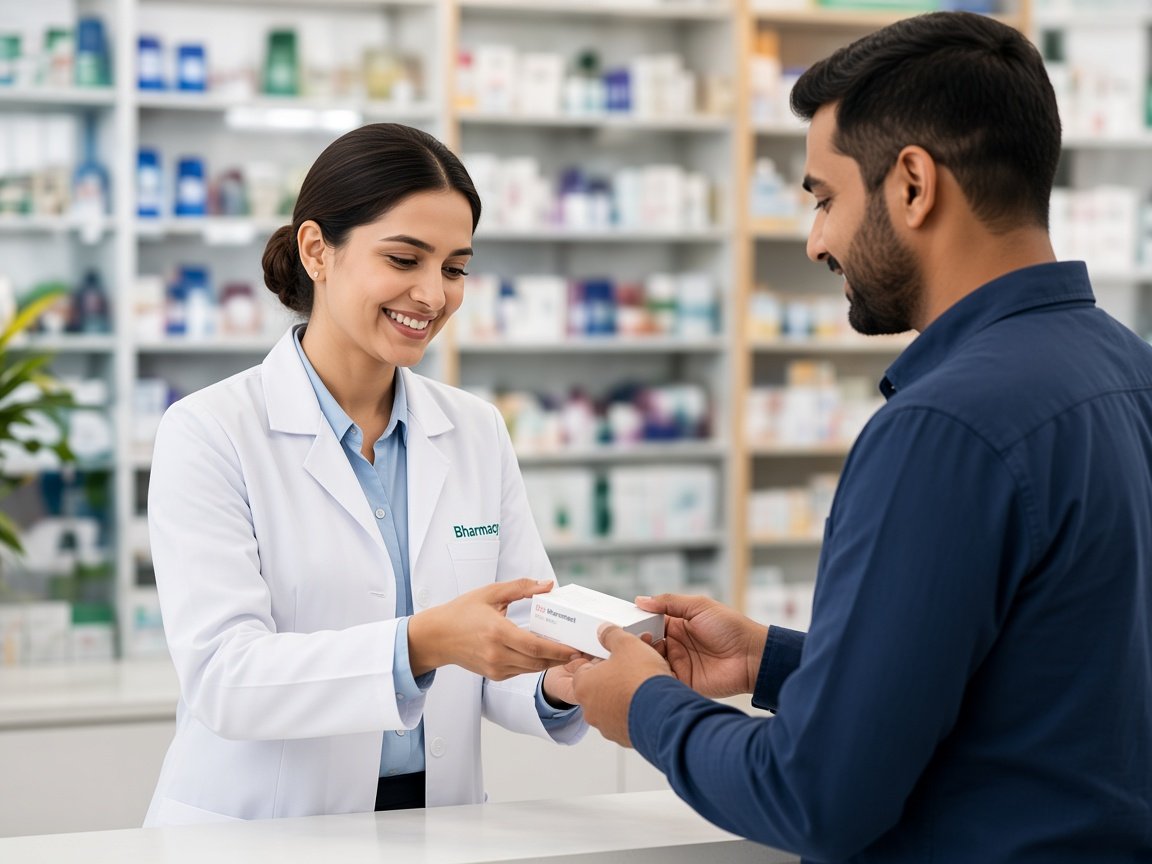 Pharmacist handing medication to a patient at iHealth