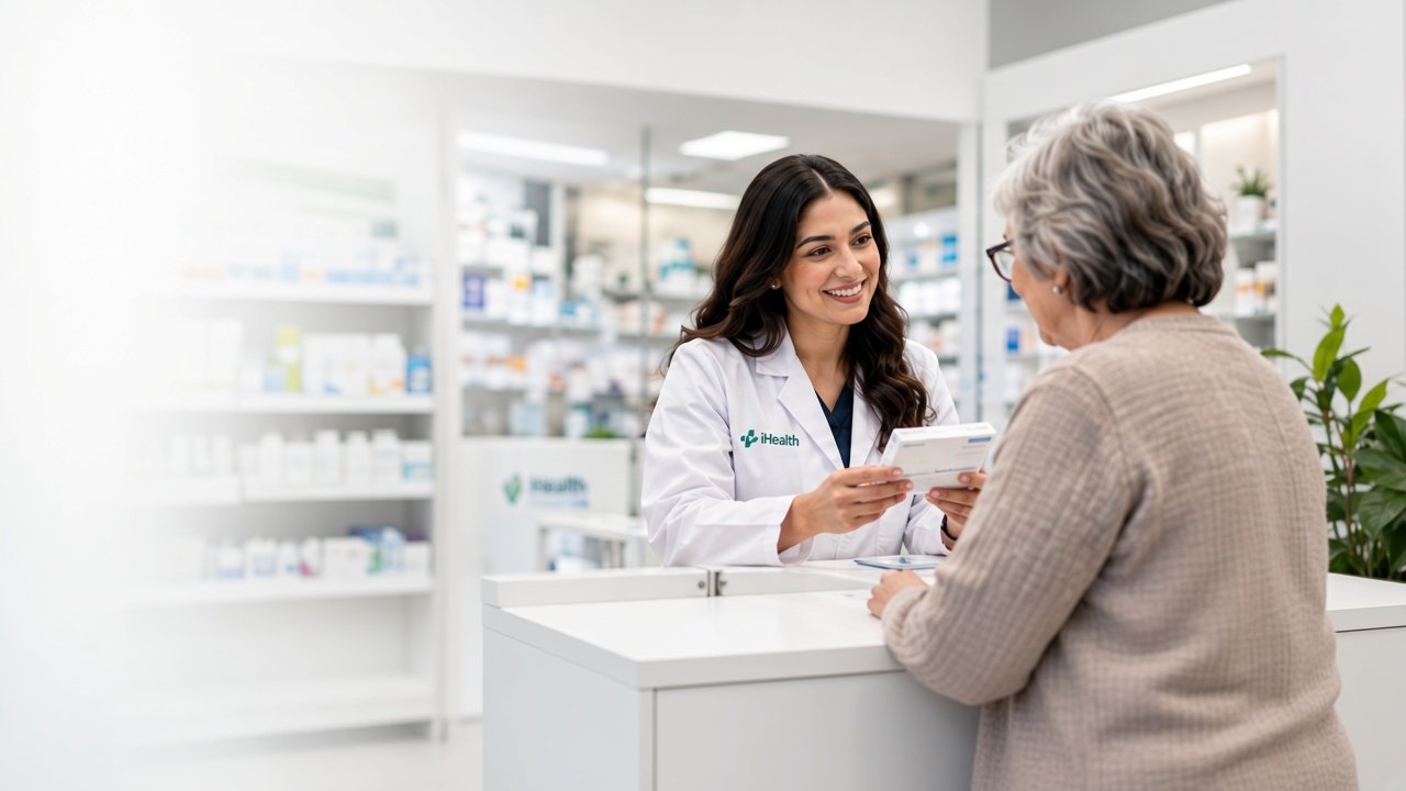 An iHealth pharmacist handing a patient their medication at the counter